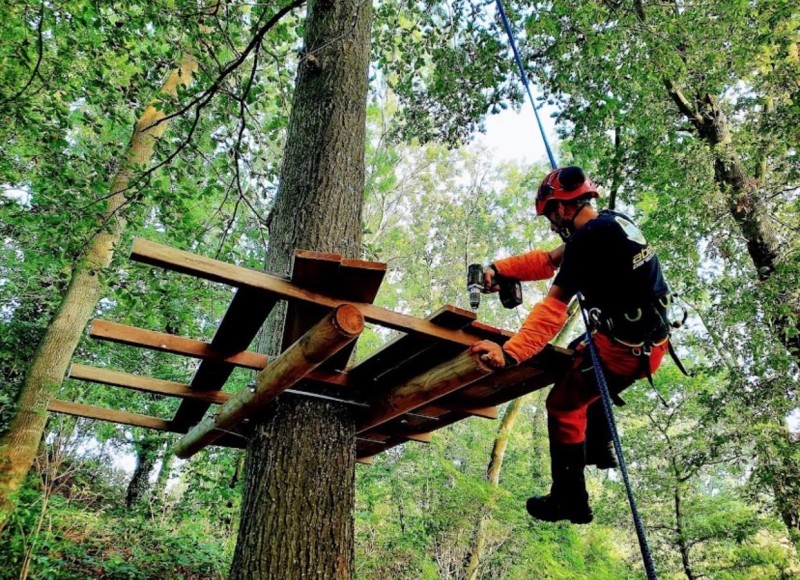 Fabrication d'une plate-forme autour d'un chêne avec rondins en étau pour départ de tyrolienne à Hermeville près du Havre